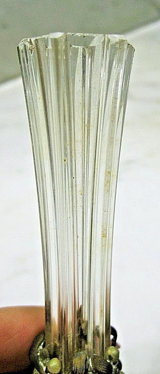 ANTIQUE FRANCE CRYSTAL FLUTED GLASS BUD VASE W/BRASS INSERT & SEED