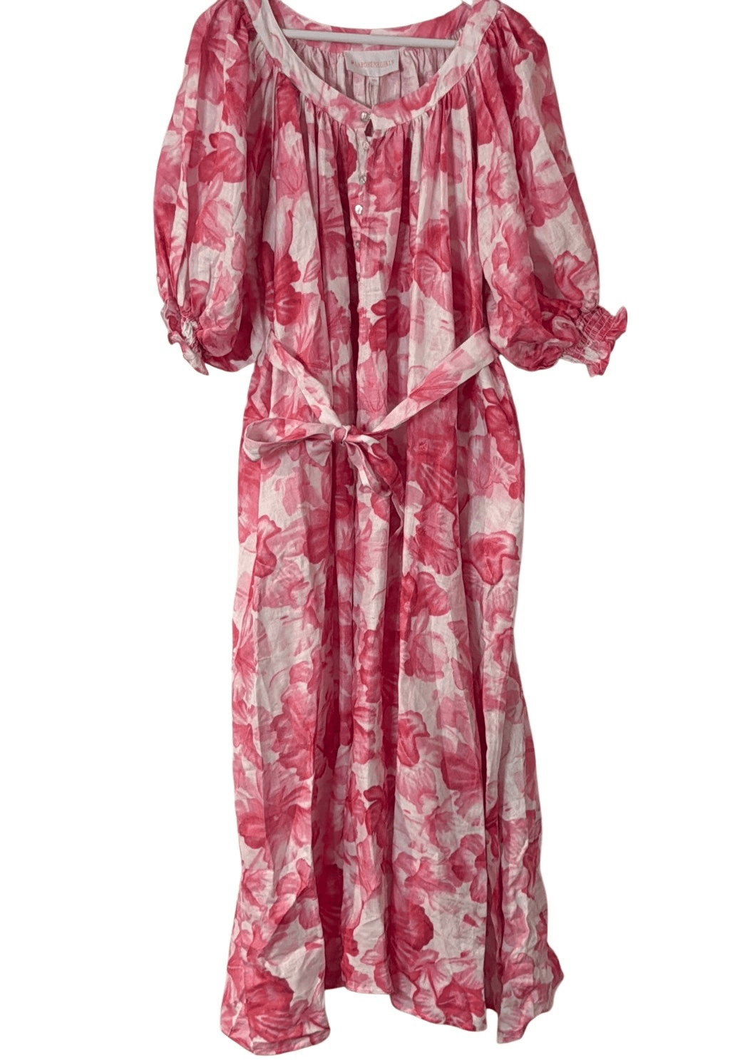La Boheme NWT 100% linen pink floral puff sleeve maxi dress O/S