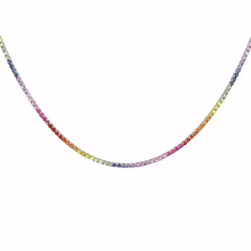 14K Yellow Gold Natural Rainbow Sapphire Round Cut Multicolor Tennis Necklace, - Picture 3 of 6