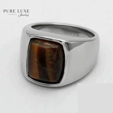 Men's Silver Stainless-Steel,Brown,Tigers Eye,Ring Size 8 9,10,11,12 13 + BOX