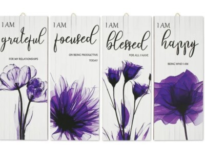 New 4 Piece set Purple flower pictures wall decor wooden art.  Blessed Grateful