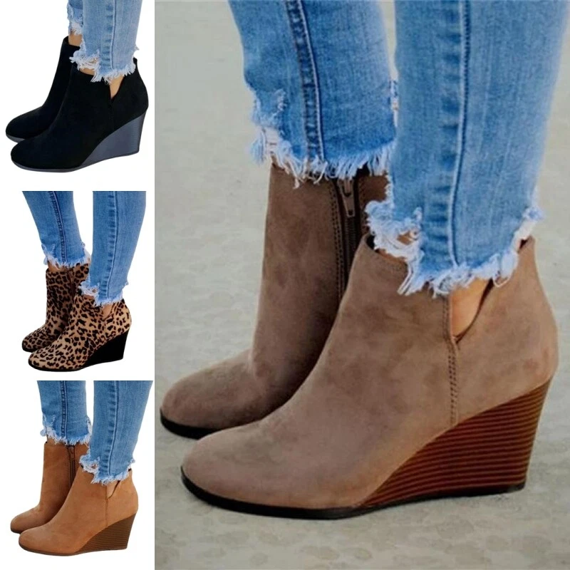 Womens Wedge Heel Booties Cut Out Ankle Boots Women Side Zip Walking Comfortable