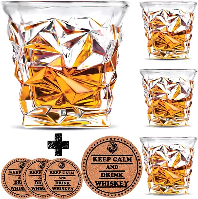 VACI GLASS Diamond Whiskey Glasses - Set of 4 - by Vaci + 4 Drink Coasters, Crystal