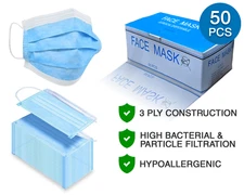 3-Ply Disposable Face Mask - 50 PCS - Breathable, Hypoallergenic, Hygienic
