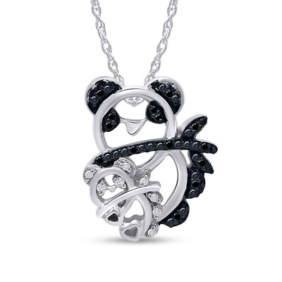 1/10Ct Black & Natural Diamond Mom & Baby Panda Pendant w/Chain Sterling Silver