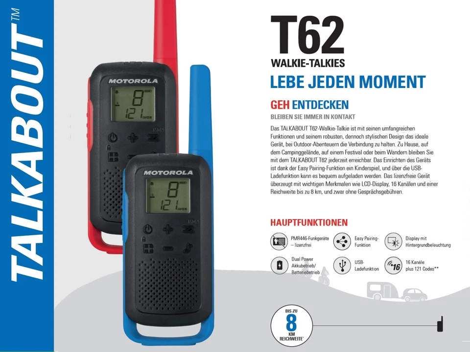 MOTOROLA TALKABOUT T62 TWINPACK ROT PMR446 LIZENZFREI BIS ZU 8 KM REICHWEITE !! - Bild 2 von 3