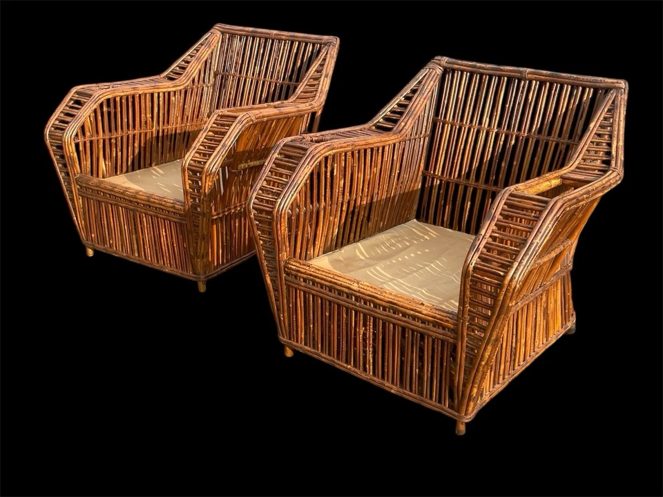 Исключительная пара стульев для отдыха в стиле ар-деко с разделенным карандашом из ротанга - Изображение 4 из 4