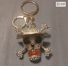 Gold Toned Skull Crossbones Clear Rhinestone Goth Anime Key Chain Bag Charm...