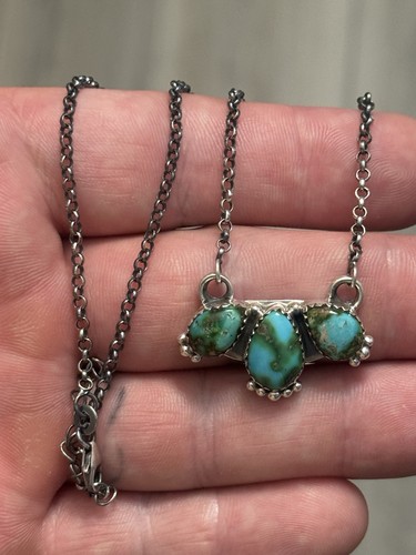 STERLING SILVER NATIVE AMERICAN SW SONORAN TURQUOISE CLUSTER BAR NECKLACE .925