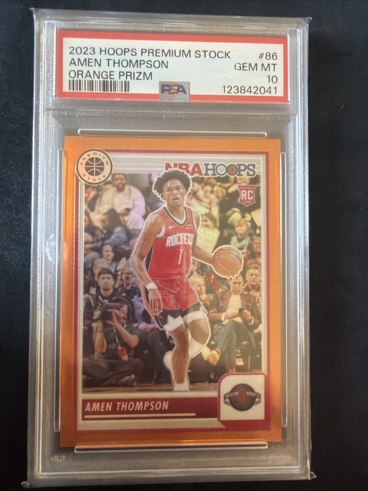 2023 HOOPS PREMIUM STOCK AMEN THOMPSON ORANGE PRIZM #/299 #86 RC PSA 10 ROOKIE