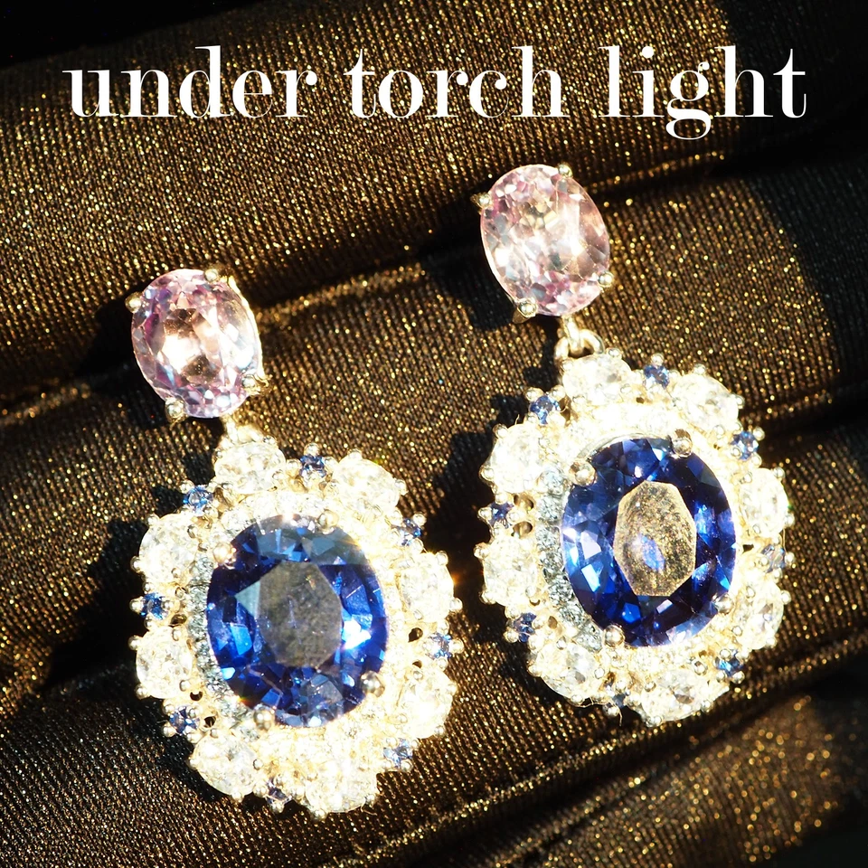 Estate 蓝色蓝宝石 Alexandrite 17.35 克拉 925 纯银白金耳环 — 第 4/4 张图片