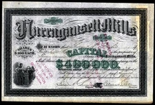1899 Fall River Ma - Narragansett Mills -  EX RARE Stock Certificate