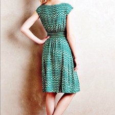 Maeve Anthropologie Green Evaline Smocked Midi Dress Geometric Boho Pockes Sz S