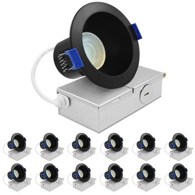 Luxrite 3'' LED Recessed Light with J-Box 8W 5CCT 640LM Dimmable Black 12 Pack