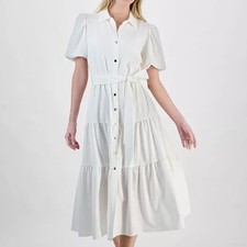 T Tahari Puff Sleeve Belted Tiered Midi Dress White Button Collared Fit Flare