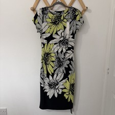BNWT ROMAN Black Grey Yellow Floral Ruched Dress, Size 14