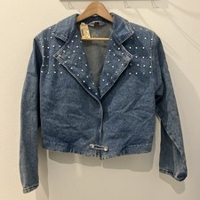 Vintage 80s Rhinestone Blue Denim Cropped Jacket  Size s