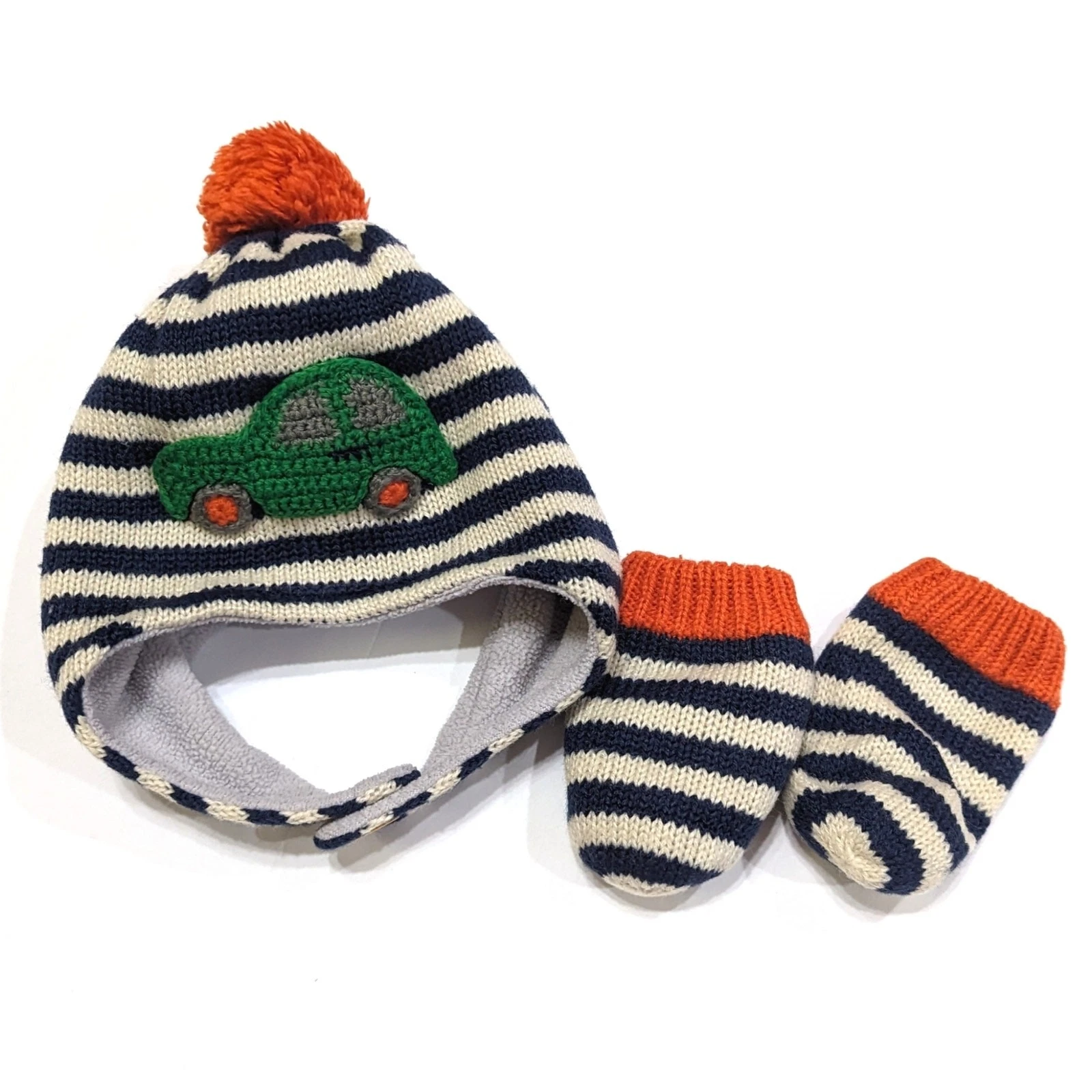 Baby Boden Winter Hat Mittens Set Boys Size 0-6m Blue Car Pom Pom