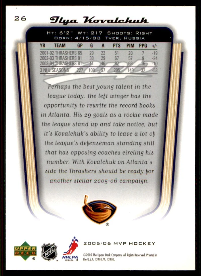 2005-06 Upper Deck MVP Ilya Kovalchuk Atlanta Thrashers #26 - Image 2 of 2