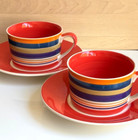 2x Whittard Striped Stripy Coffee Tea Cups and Red Saucers