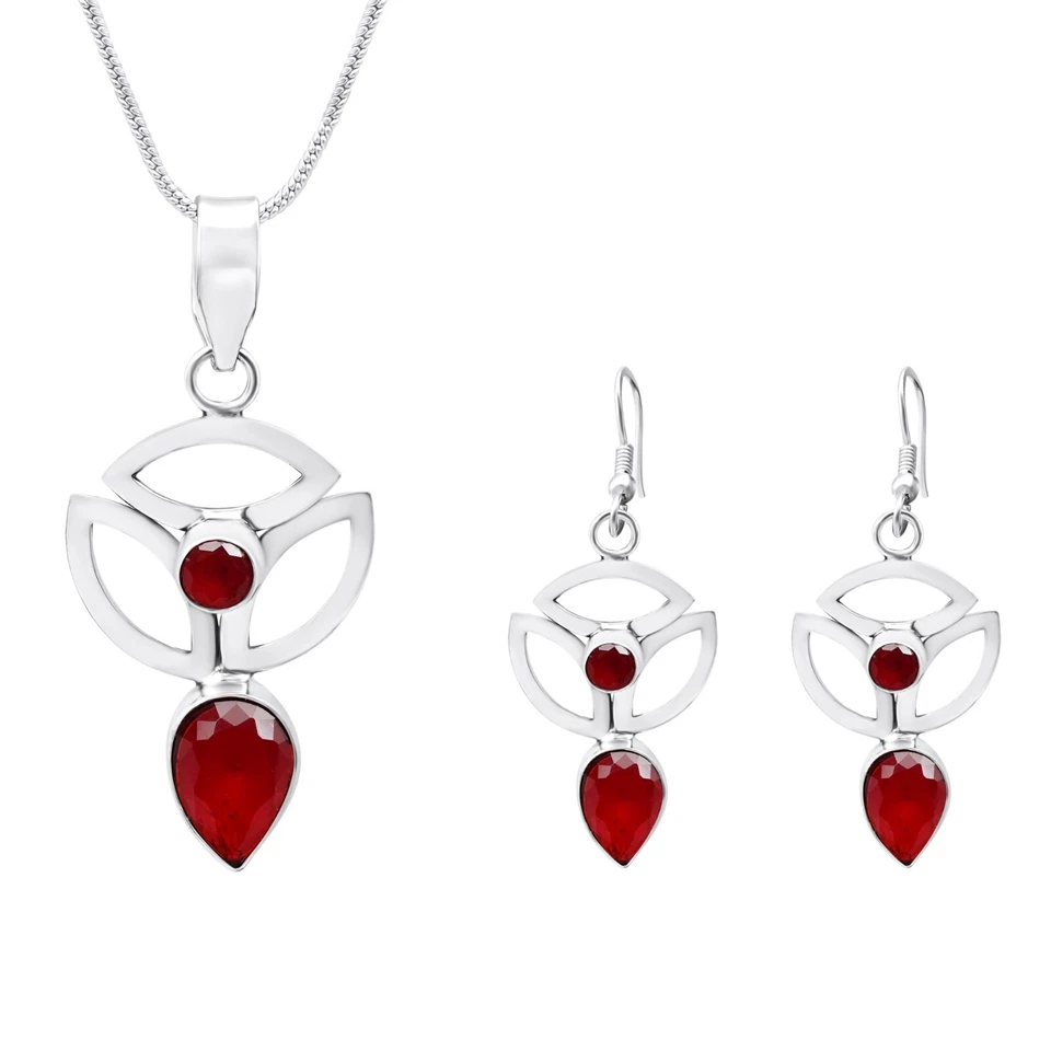 925 Sterling Silver Ruby Pear Cut Pendant Necklace Earrings Set For Women Gifts - Image 2 of 4