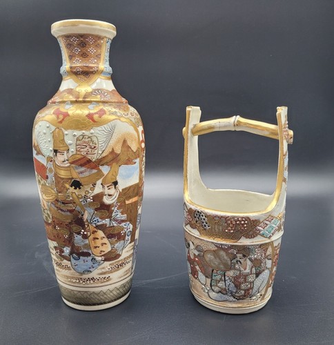 Japanese Meiji Satsuma Antique Vase & Bucket 19th Century - Picture 2 of 12