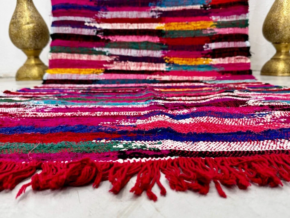 Vintage Moroccan handmade 3'4"x7'3"Berber Red Colorful Boucharouit Runner - Image 4 of 4