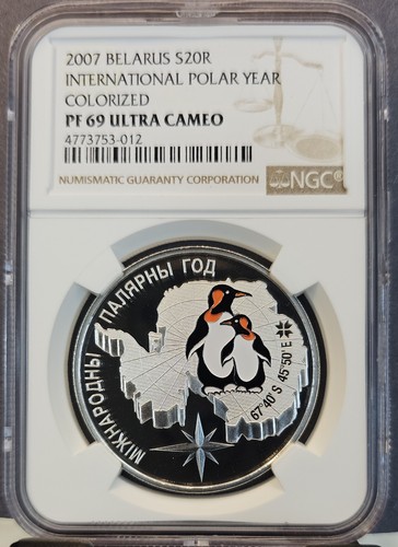 2007 BELARUS SILVER 20 ROUBLES POLAR YEAR PENGUIN NGC PF 69 ULTRA CAMEO TOP POP - Picture 3 of 3