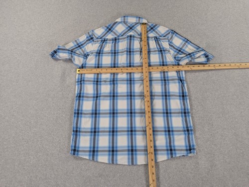 Travis Mathew Shirt Mens Large White Blue Plaid Nylon Stretch Sports Golf Pocket - Picture 9 of 11
