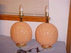 Vtg  PEACH Pair ART DECO Ceramic Clam Shell Table Bedside Boudoir Lamps 17" Tall — photo 1