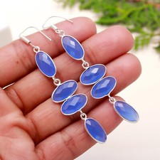 Delicate Blue Onyx Gemstone Dangle Earring Handmade 925 Sterling Silver Jewelry