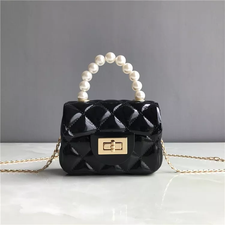 Black Mini Jelly Purse Flap Handbag Pearl Top Handle Faux Quilted