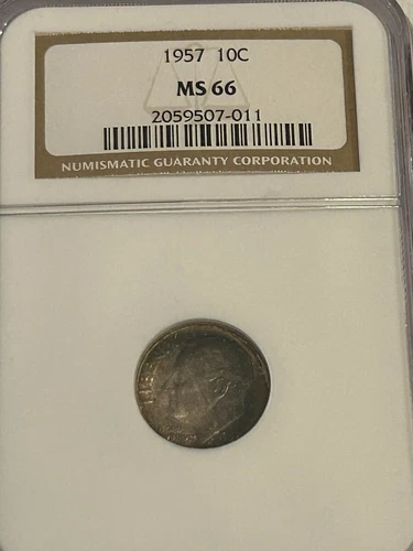 1957-P Silver Roosevelt Dime - NGC MS 66 - Toning and Soapbox Holder!