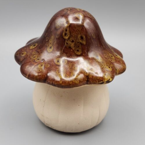 Fairy Garden Mushroom Toadstool Brown Yellow Speckled Drip Glaze Ceramic 70sLook - Picture 2 of 9