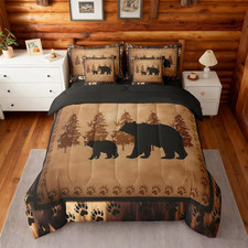 Bear Comforter Set Queen Size 7 Pcs Cabin Lodge Bed in a Bag Rustic Wild Animals