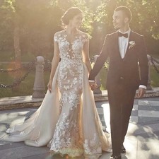 Elegant Detachable Train Lace Mermaid Wedding Dress Backless Appliques Champagne
