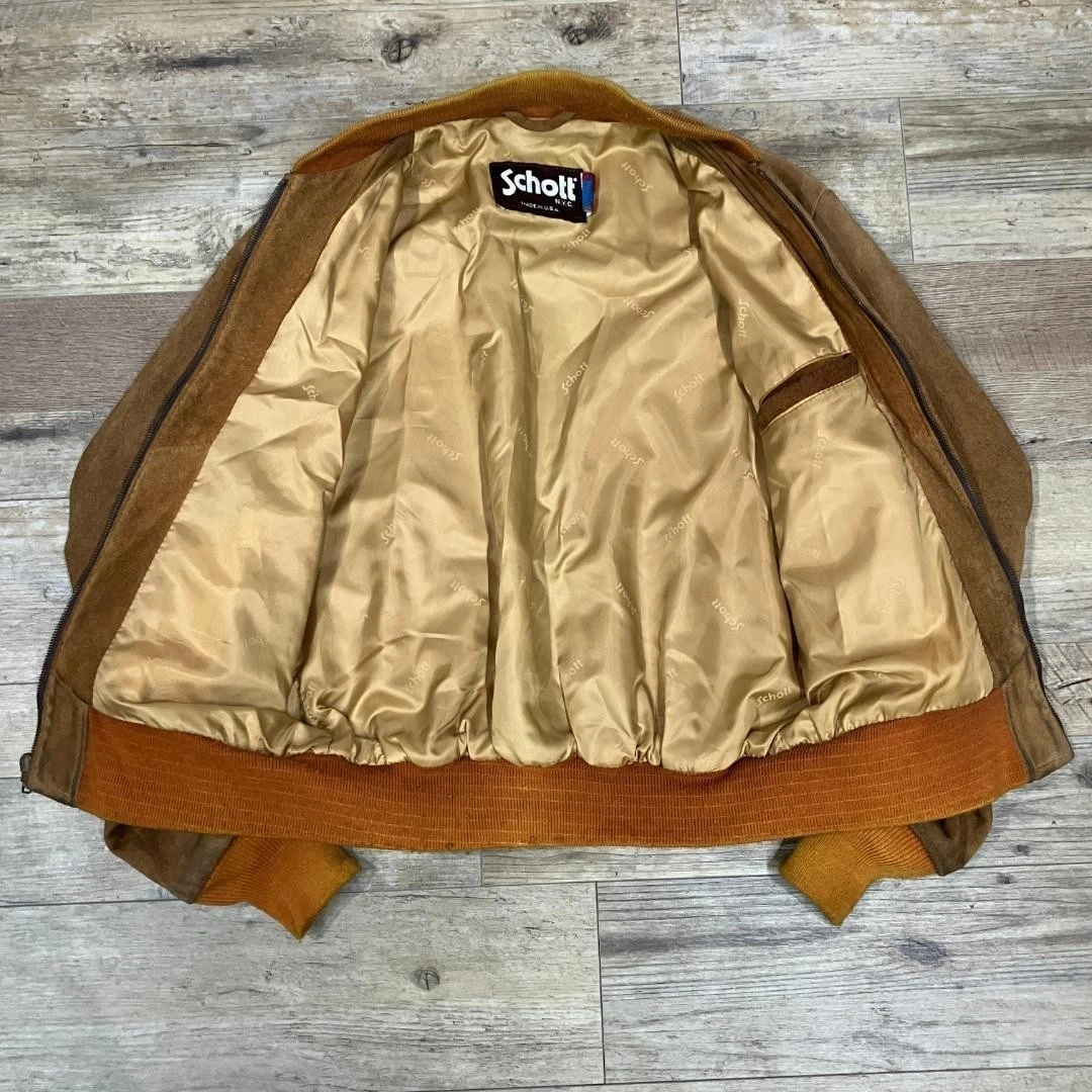 Chaqueta de bombardero de cuero de gamuza Schott marrón hecha en EE. UU....