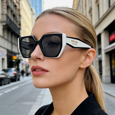 Prada PR 15WS Oversize Square Sunglasses Women Black White Frame UV400 Authentic
