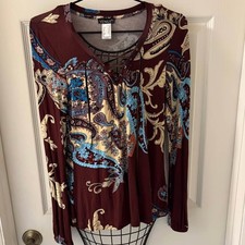 Venus Bohemian Indie CorsetStyle Long Bell Sleeve Paisley Brown & Blue Top Sz XS