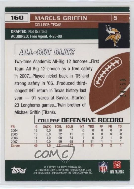 2008 Topps Stadium Club Photographer's Proof Gold /50 Marcus Griffin Rookie RC - Image 2 of 2