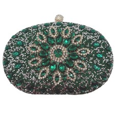 Sparkly Emerald Green Rhinestone Evening Clutch Bag w Chain gold color accent