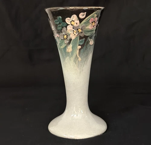 WELLER POTTERY EOCEAN LATE VASE IN SMALL SIZE WITH THICK SLIP FLOWERS....MINT!