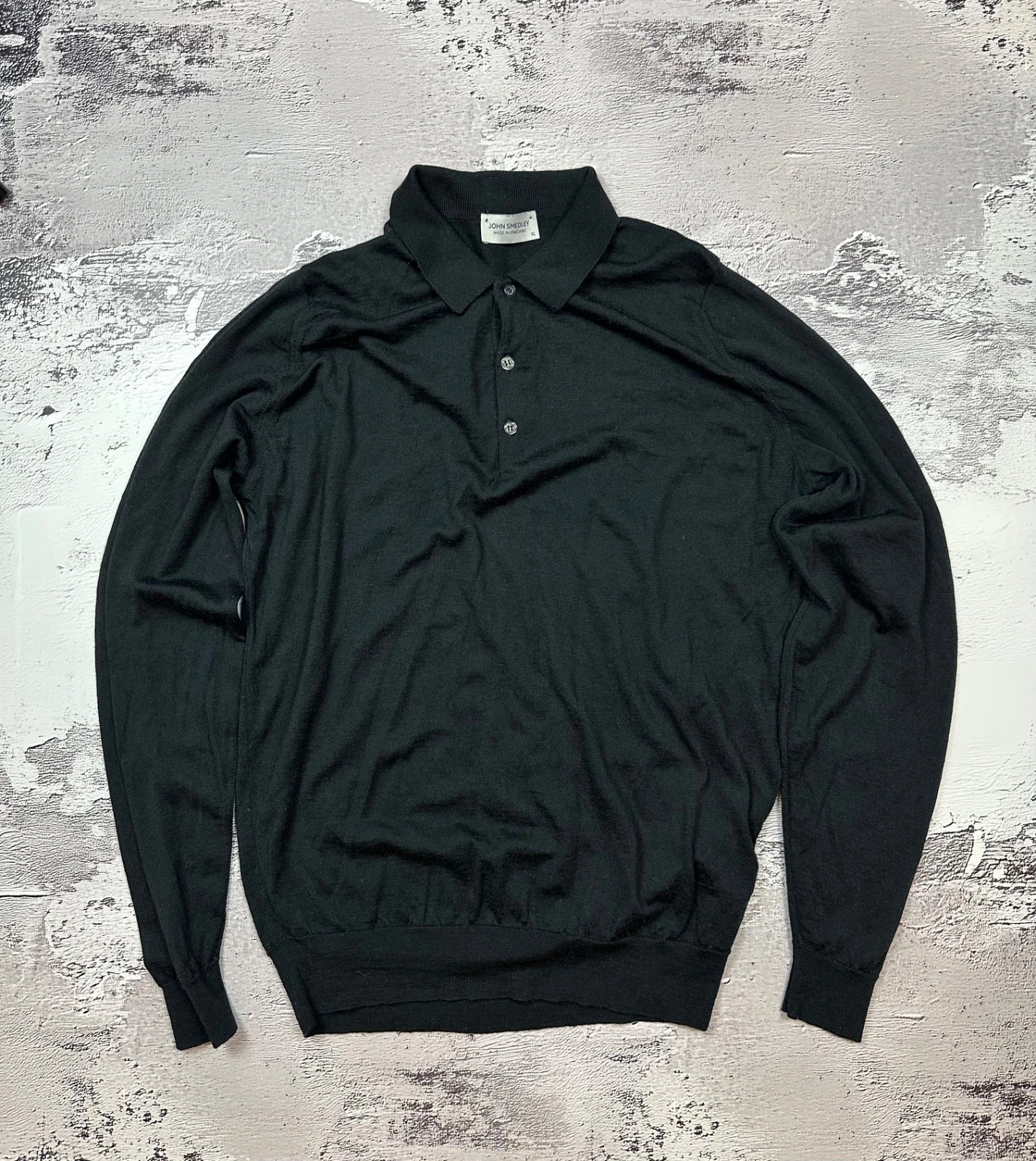 John Smedley Mens Knit Polo Shirt XL Black 100% Wool Made in England Very Rare