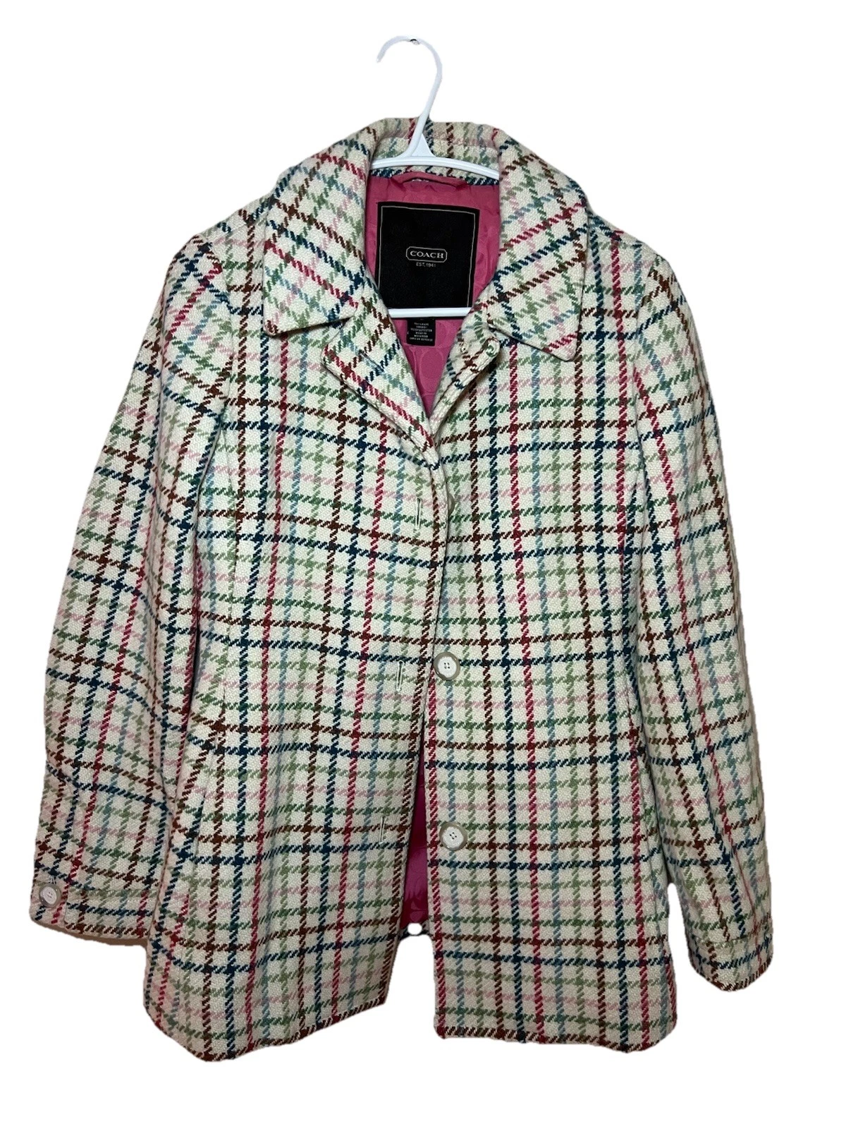 Coach Peacoat Giacca Donna Piccolo Plaid 100% Poliestere Foderato 4 Bottoni Vintage