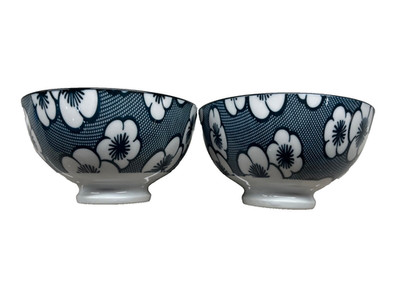 Chengs Rice/Soup Bowls Blue/White Floral Design Set Of 2