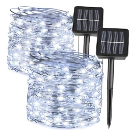 2 Packs Solar String Lights, Total 200 LED 66FT 8 Twinkle Modes Solar White