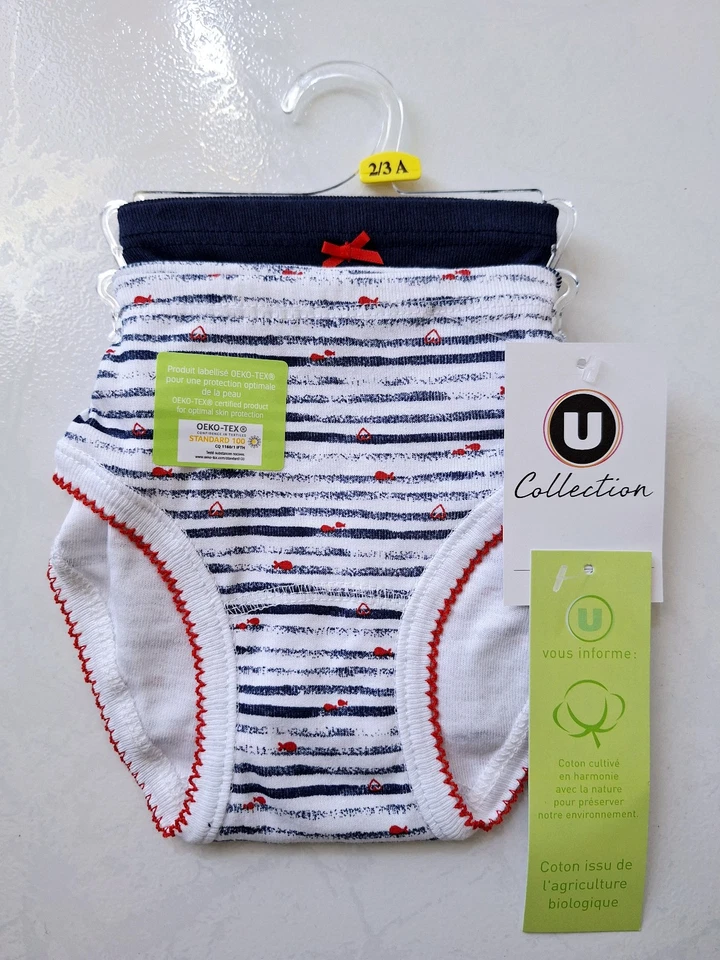 LOT DE 2 CULOTTES FILLE AGE 2-3 ANS MARQUE U COLLECTION EN COTON BIOLOGIQUE - Photo 1/3