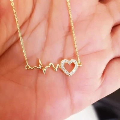 0.15 Ct Round Real Moissanite Heartbeat Pendant Necklace 14k Yellow Gold Plated