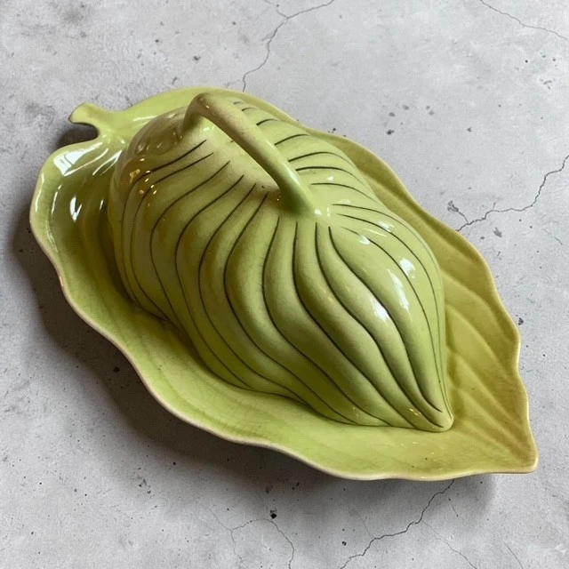 Vintage Carlton Ware Green Leaf Shape Hand Painted Ceramic Butter Dish