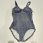 Women's Tie Front One Piece Swimsuit - Navy Gingham Print L, Blue